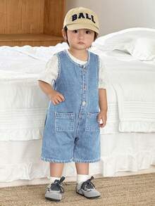 SHEIN Baby Boy Sleeveless Denim Romper - Light Wash - View 6