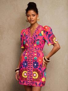 Travachic V-Neck Short Sleeve Fitted Mini Dress For Women - Multicolor - View 4