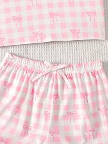 SHEIN Tween Girl 粉色格紋蝴蝶結印花裝飾白色鈕扣休閒時尚修身睡衣套裝 - 粉色 - 查看 5