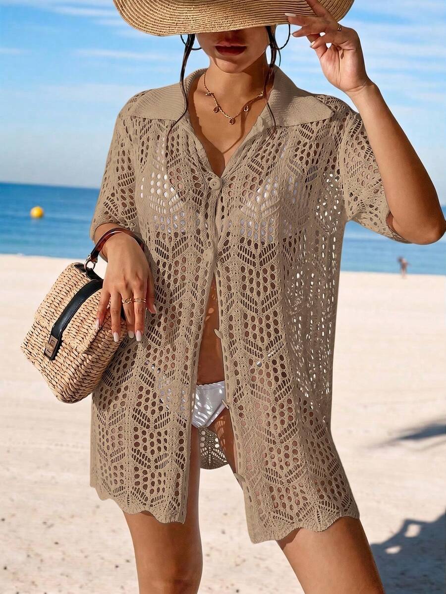 Swim Vcay 度假海灘素色鏤空針織和服式罩衫 - 卡其色 - 查看 1