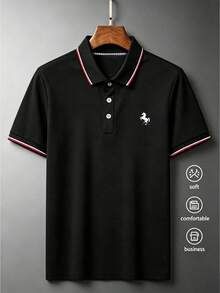 Airaco 男士条纹马匹印花短袖休闲通勤 Polo 衫 - 黑色 - 查看 7