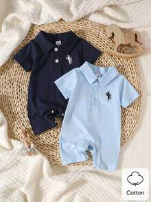 SHEIN 2-Piece Set For Baby Boys: Blue And Navy Blue Collared, Button-Down, Short-Sleeve Embroidered Romper-Cute, Casual, Fashionable, And Simple. Perfect For Summer Outings. New Arrival. - Blue - View 2