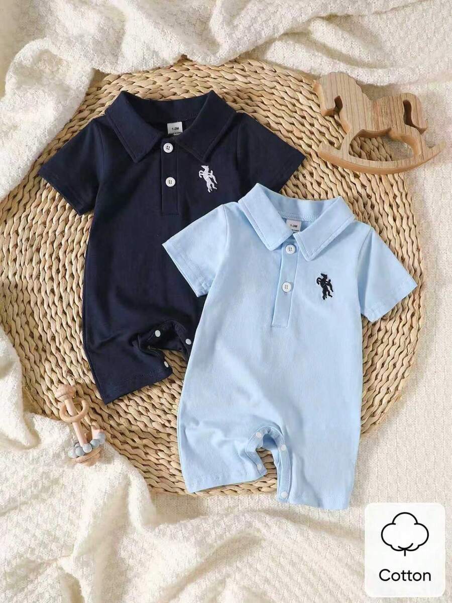 SHEIN 2-Piece Set For Baby Boys: Blue And Navy Blue Collared, Button-Down, Short-Sleeve Embroidered Romper-Cute, Casual, Fashionable, And Simple. Perfect For Summer Outings. New Arrival.