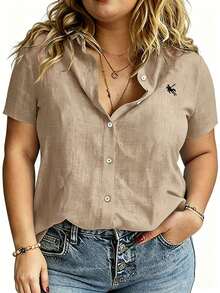 Linhara CURVE Large-Sized Woven Embroidered Casual Summer Shirt For Vacation - Apricot - View 1