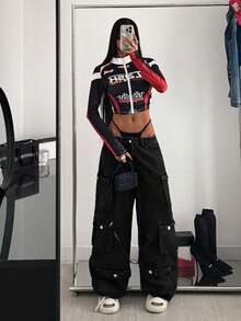 Jeanoix 大尺碼女款工裝口袋寬腿寬鬆休閒牛仔褲，黑色，適合約會之夜與約會，夏季穿著 - 黑色 - 查看 5