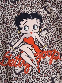 Betty Boop x SHEIN Women's Leopard Print Contrast Lace Long Sleeve Sleepwear Robe, - Brown - View 4