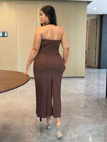 Dazy Plus Stretchy Metallic Shiny Fabric Wrap Bodycon Skirt, Sexy Backless Dress With Waist Tie, Plus Size Women Spring/Summer Sleeveless Brown Party Gown - Brown - View 5
