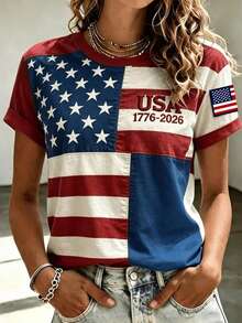 EMERY ROSE American USA Flag Floral T-Shirts For Women 4th Of July Patriotic Graphic Tees Independence Day Star Striped Office Vacation Red And White Summer 90s - Multicolor - View 1