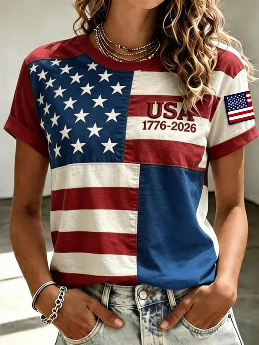 EMERY ROSE American USA Flag Floral T-Shirts For Women 4th Of July Patriotic Graphic Tees Independence Day Star Striped Office Vacation Red And White Summer 90s - Multicolor - View 1
