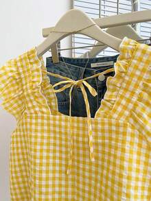 Resyla Blusa de moda con volantes y parches a cuadros para mujer - Multicolor - Ver 5