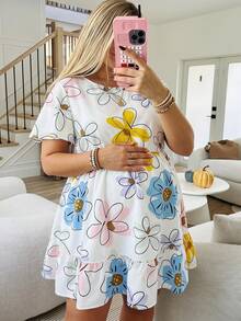 Plussiva Gaun Hamil Ukuran Besar Motif Bunga Leher Bulat Lengan Pendek Kasual - MultiWarna - View 1