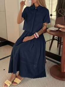 DAZY Women's Elegant Lace Patchwork Pocket Shirt And Skirt 2 Pieces Set, Spring/Summer - Navy Blue - View 6