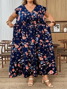SHEIN CURVE+ 大码女式碎花V领荷叶袖优雅连衣裙，适合夏季度假、工作及其他场合 - 彩色 - 查看 8