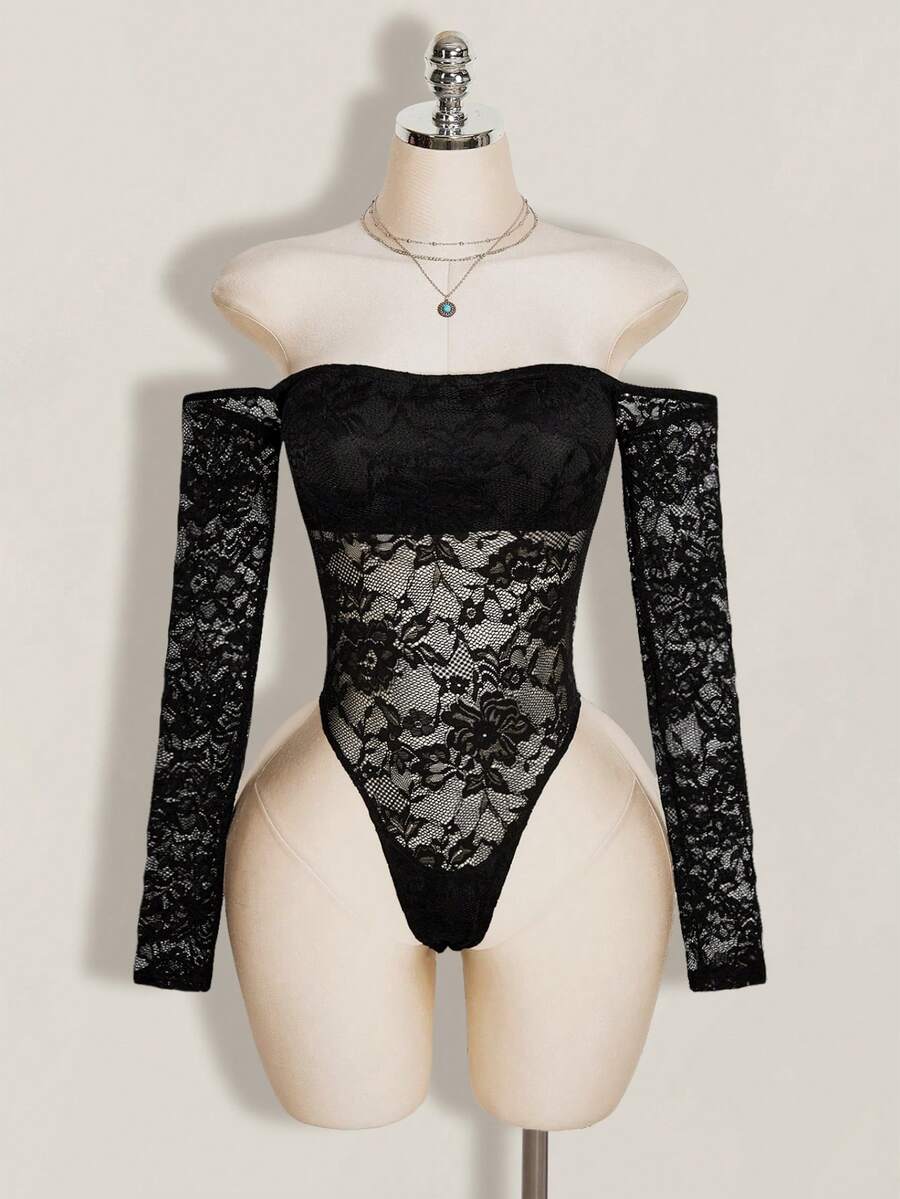 SHEIN ICON 女款露肩蕾絲拼接性感百搭連身內衣,適合約會與外出 - 黑色 - 查看 1