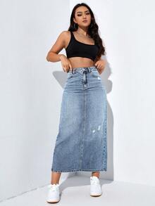 Jeanoix 大码女式休闲时尚街头风日常通勤高腰破洞开衩牛仔裙 - 藍色 - 查看 3