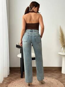 SHEIN 女款高腰口袋直筒寬鬆休閒百搭牛仔褲 - 中等水洗藍 - 查看 2
