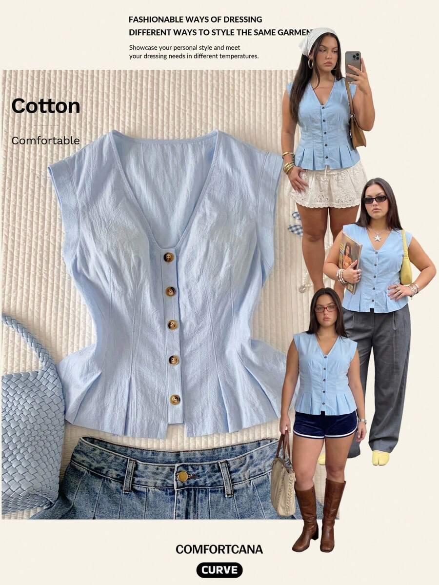 Comfortcana Plus Size Women's Casual Vacation Style Light Blue 100% Cotton Shirt, Comfortable Summer Vacation Vest-Style Shirt With V-Neck And Button Closure - Baby Blue - View 1