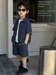 Dazy Kids Young Boy Floral Trim Short Sleeve Shirt And Shorts Casual Set Summer - Navy Blue - View 6