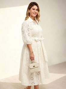 Momelise Plus Size Women's Elegant Solid Color V-Neck Hollow Embroidered Lantern Sleeve, Cardigan With Button Closure And Waist Belt Long Dress Fall - Apricot - View 3