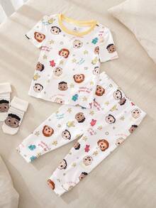 CoComelon X SHEIN Baby Boy Round Neck Short Sleeve Top And Leggings Pajama Set - Multicolor - View 1