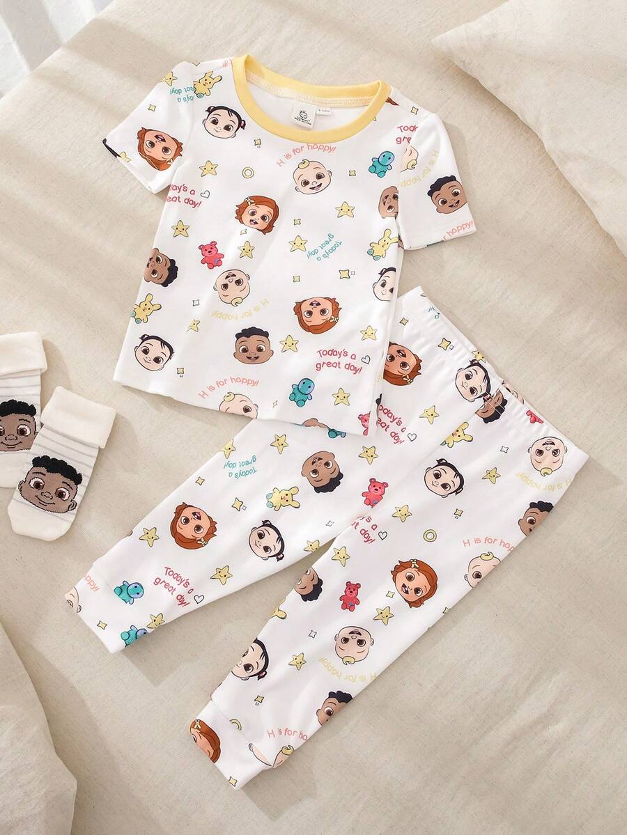 CoComelon X SHEIN Baby Boy Round Neck Short Sleeve Top And Leggings Pajama Set - Multicolor - View 1