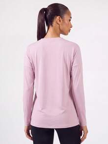 SHEIN BASICS 女款圓領長袖印花休閒戶外T恤開衩素色T恤登山女裝運動衫 - 粉色 - 查看 3