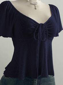 Elamini French Style Pure White Knit Jacquard Drawstring V-Neck Short Sleeve Fitted Casual Versatile Top For Women - Navy Blue - View 5