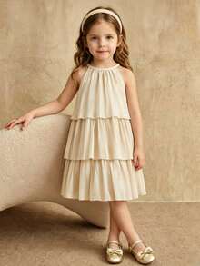 SHEIN Young Girl Summer Elegant Minimalist Solid Color Ruffle Neck Dress - Apricot - View 4