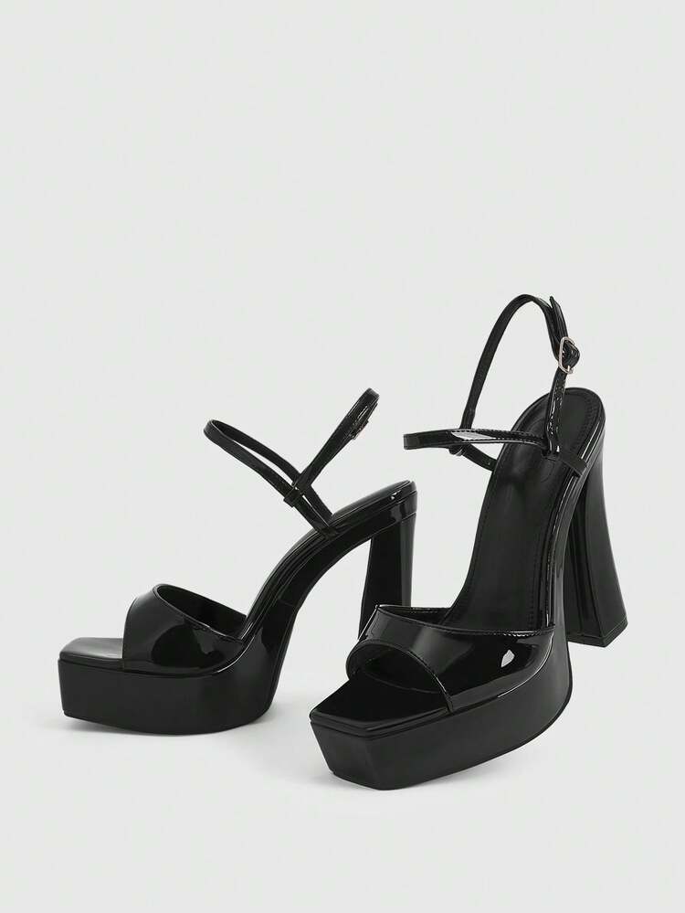 CUCCOO LuxiPop Spring And Summer New Design Thick Heel High Heel Elegant Temperament Simple Sexy Women's Sandals Black Patent Leather PU Material Hollow Ankle Strap High Heel Slingbacks Nightclub Style Dress Shoes Dating Afternoon Tea Party Valentine's Day Elegant Wear