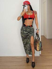 SHEIN Women's Camouflage Side Drawstring Split Hem Fashion Denim Skirt - Multicolor - View 6