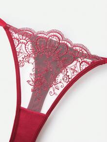 Bella Beso EverydayBra 2件組女款刺繡蕾絲內衣套裝，半透明心形胸罩與蝴蝶結內褲，舒適居家風女款兩件套夏季適用 - 酒紅色 - 查看 7
