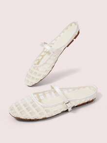CUCCOO DOLLMOD Women's Shoes, Beige, Striped Embroidered Upper, Exposed Heel, Round Toe, Flat Bottom, Sweet, Cute, Comfortable And Casual. - Curve - Apricot - View 3