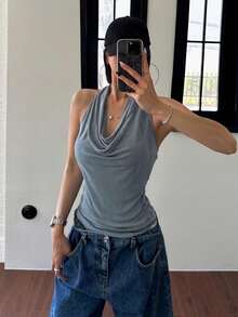 DAZY 女款純色露背性感度假背心掛脖上衣 - 灰色 - 查看 7