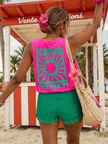 DrmWander Plus Size Women Letter Print Casual Round Neck Tank Top - Hot Pink - View 3