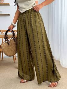 Enliva Plus Size Loose Printed Vintage Bohemian Style Vacation Wide-Leg Pants With Pockets And Elastic Waistband - Green - View 6