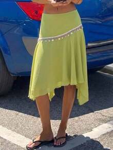 Aloruh Women's Light Green Chiffon Midi Skirt,Patchwork Sequin Shell Webbing Asymmetrical Hem,Boho Summer Beach Vacation Holiday Tropical Outfits - Green - View 4