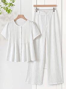 Faunlyn Conjunto de camisa y pantalones con diseño plisado informal - Blanco - Ver 3