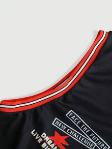 ROMWE MEN Street Life Men's Contrast Trim Letter Print Top And Shorts Casual Daily Set - Multicolor - View 4