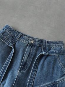 ROMWE MEN Pantalones cortos vaqueros holgados y casuales con cordón y múltiples bolsillos, con efecto lavado vintage para hombres - Azul - Ver 3