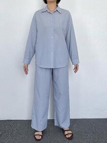 DAZY Women's Striped Long Sleeve Button-Up Shirt And Pants Pajama Set - Blue - View 7