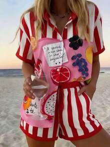 Vaclyn Women's Summer Vacation Striped Fruit Print Button-Front Shirt And Shorts Set - Red - View 4
