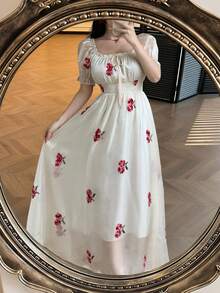 Celisse Women's Floral Trim Square Neck Puff Sleeve Tie Waist Bow Elegant Cottagecore Dress Tea Party White Summer - Apricot - View 7