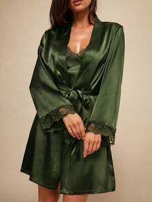 Silquee 女士优雅性感蕾丝拼接吊带睡袍睡衣套装 - 軍綠色 - 查看 6