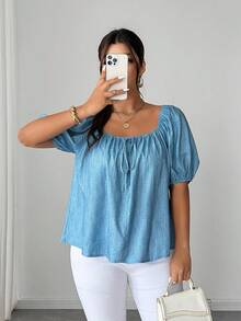 Elenzga Camisa smock con efecto de mezclilla y cuello cuadrado para tallas grandes - Azul - Ver 1