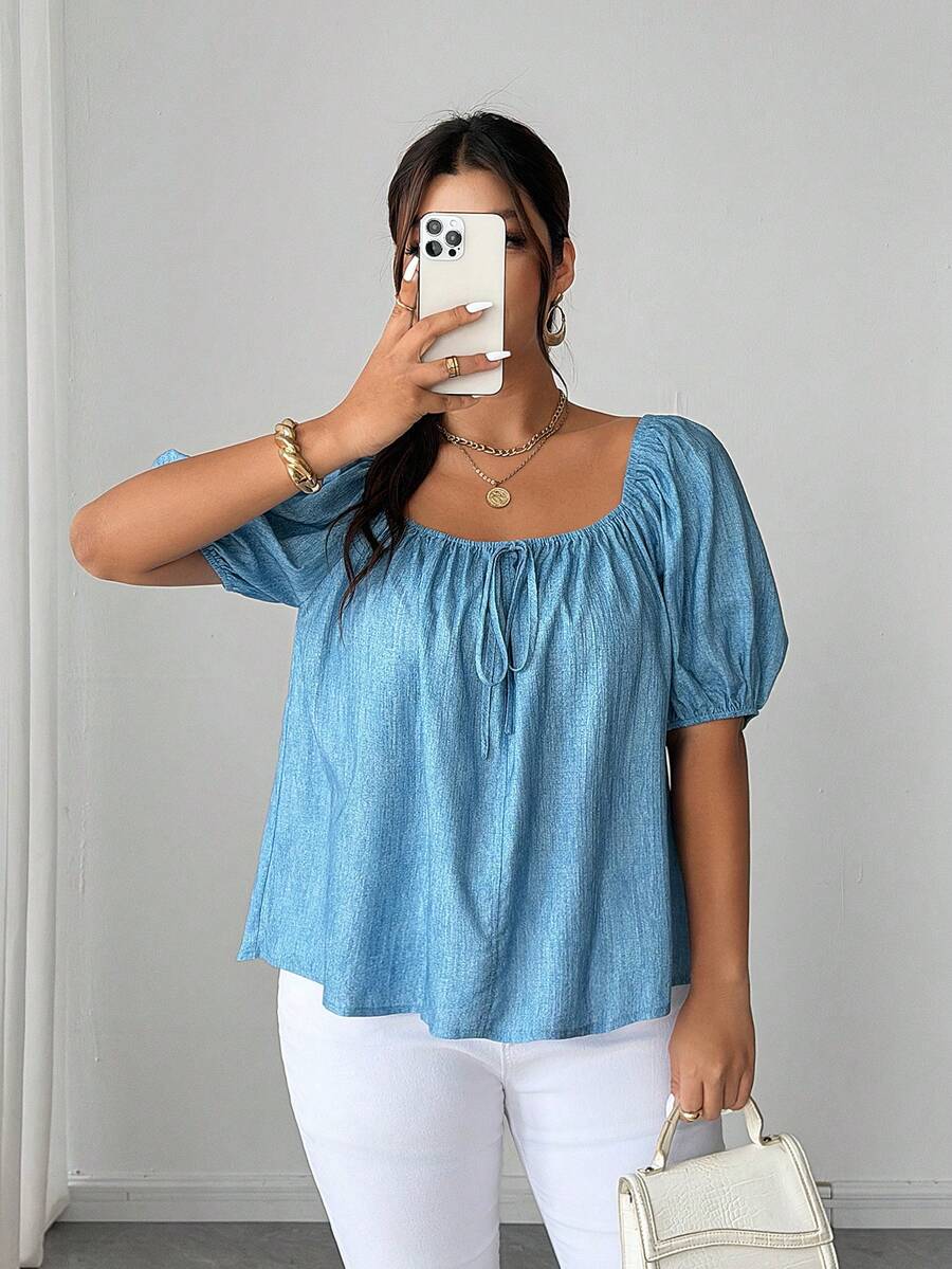 Elenzga Camisa smock con efecto de mezclilla y cuello cuadrado para tallas grandes - Azul - Ver 1