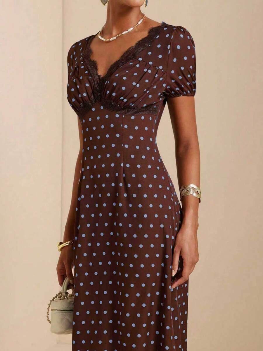 Vesra Women's Polka Dot Print Lace Trim French Style Vacation Dress - Brown - View 1