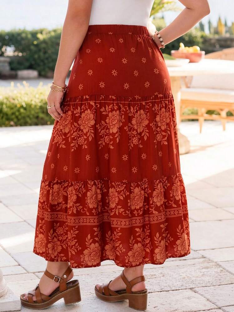 Plus Size Floral Print Casual Skirt