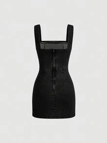 SHEIN MOD Đầm ôm body denim cổ vuông thường ngày cho nữ - màu đen - Xem 2