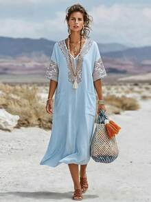 SHEIN LUNE Casual Comfortable Bohemian Style V-Neck Loose Long Dress For Women - Gray Blue - View 6