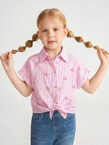 SHEIN Camisa casual con hombros caídos, estilo minimalista, de tejido suelto y con rayas, con lazo delantero para niña joven - Rosa - Ver 5